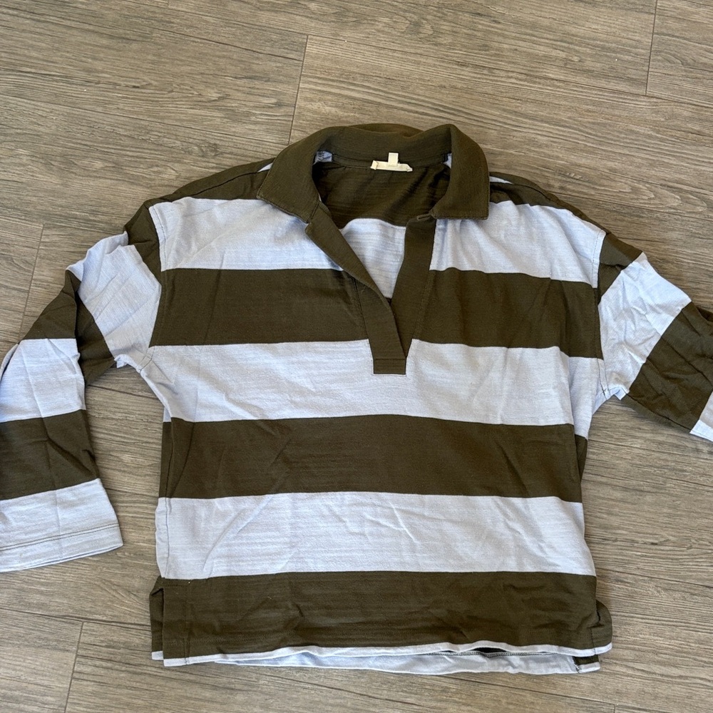 Madewell Olive and Light Blue Wide-Stripe Long Sleeve Polo